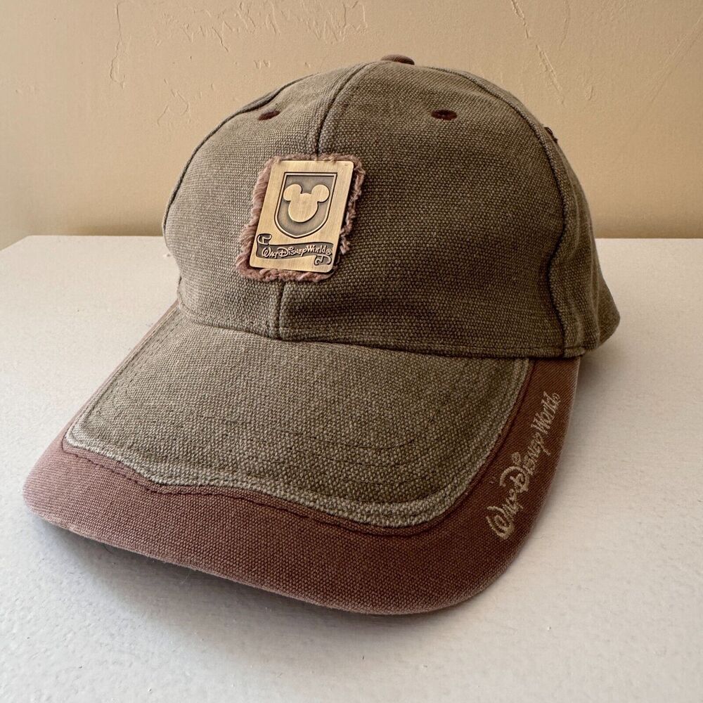 Disney World Hat Metal Emblem Olive Tan Mickey Baseball Cap Adult